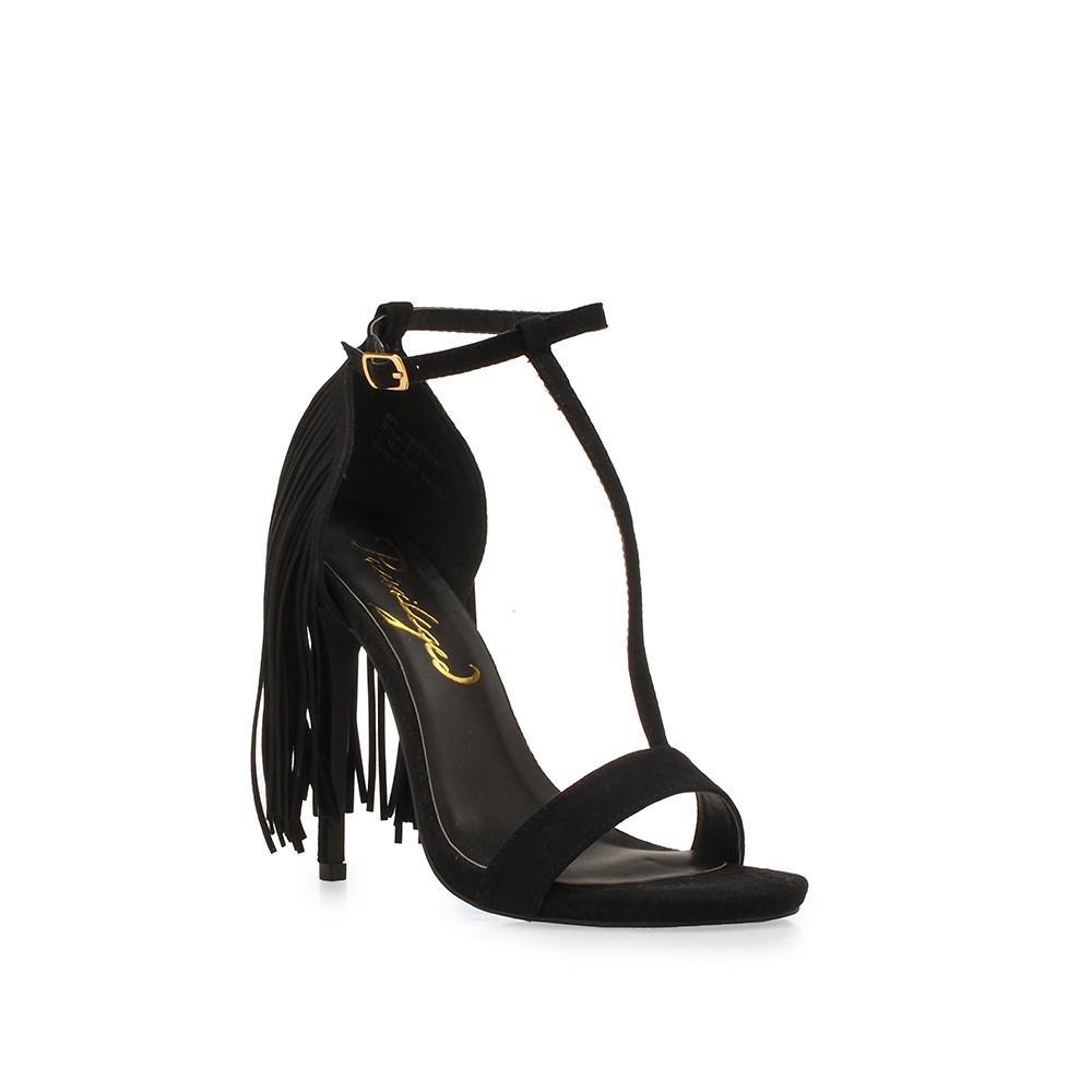 Synthetic Suede women's heel in black with fringe-corner view