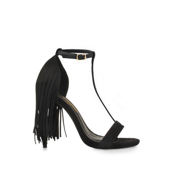 Synthetic Suede women's heel in black with fringe-side view