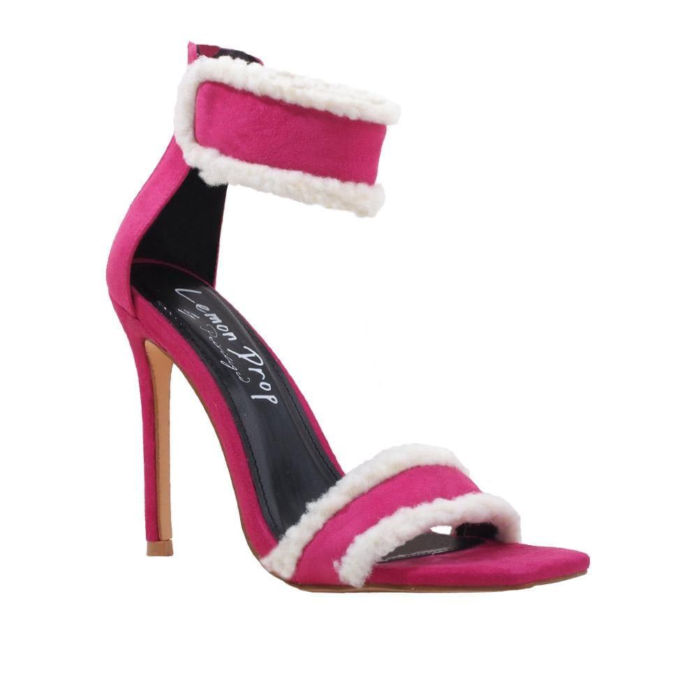 Women's faux suede heels in fuchsia with a furry accent-corner view