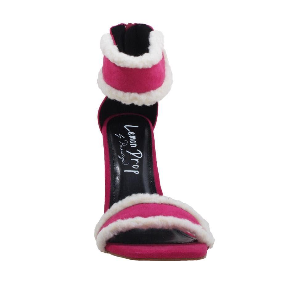 Women's faux suede heels in fuchsia with a furry accent-front view