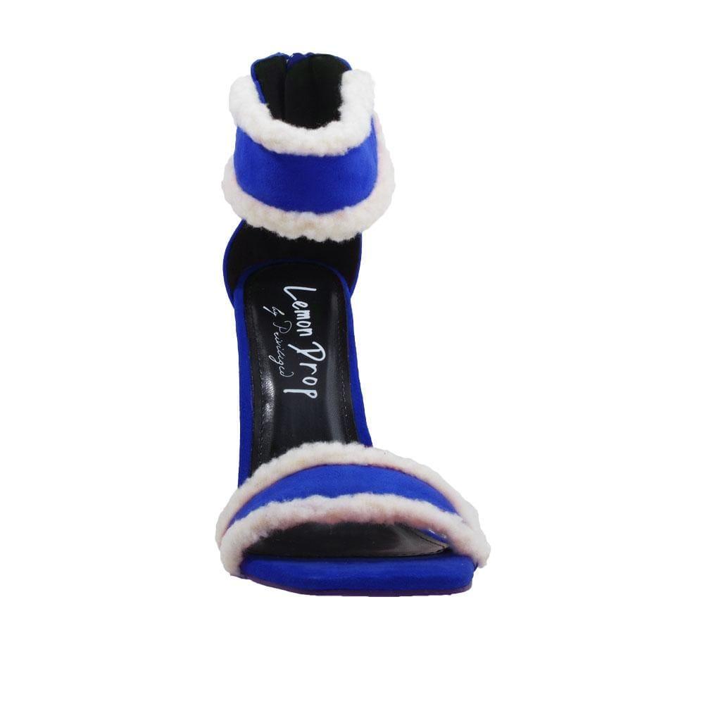 Women's faux suede heels in royal blue with a furry accent-front view