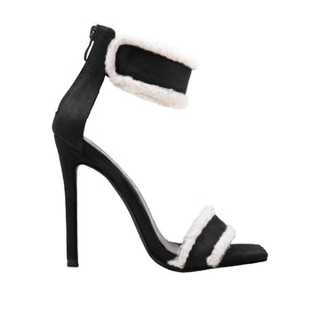Women's faux suede heels in black with a furry accent-side view