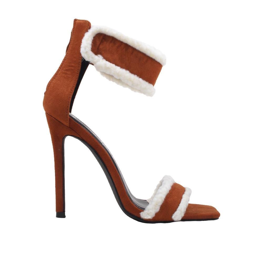 Women's faux suede heels in cognac with a furry accent-side view