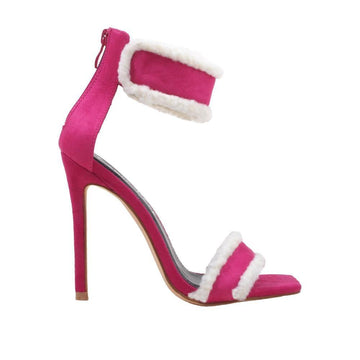 Women's faux suede heels in fuchsia with a furry accent-side view
