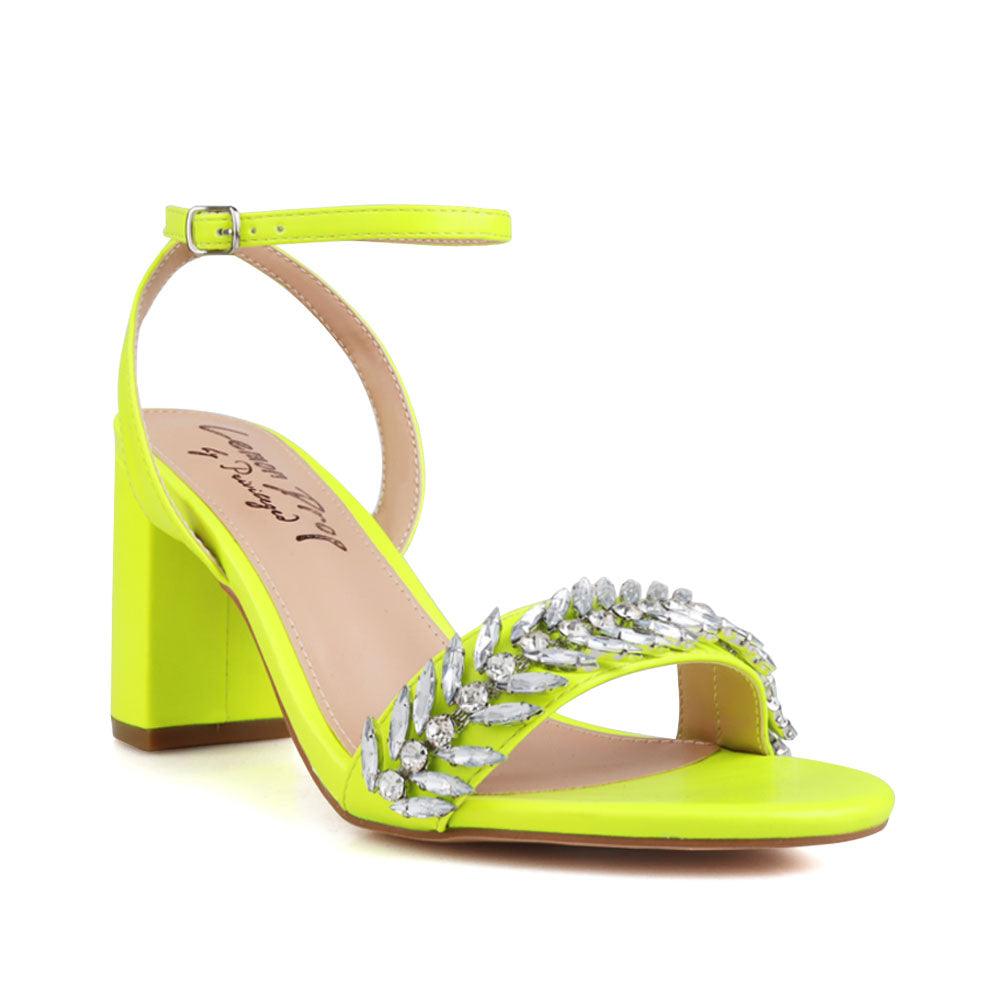 Satin vegan leather upper women's block heel in neon yellow-corner view