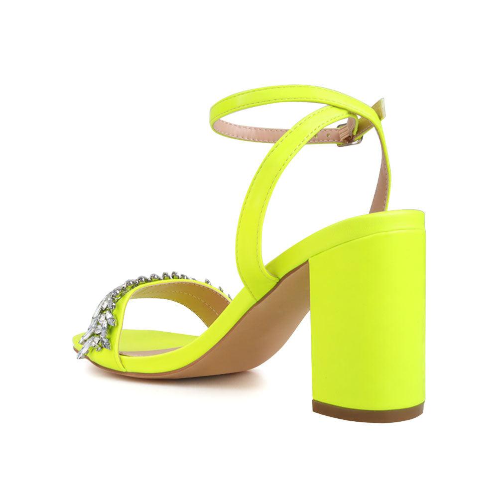 Satin vegan leather upper women's block heel in neon yellow-posterior view