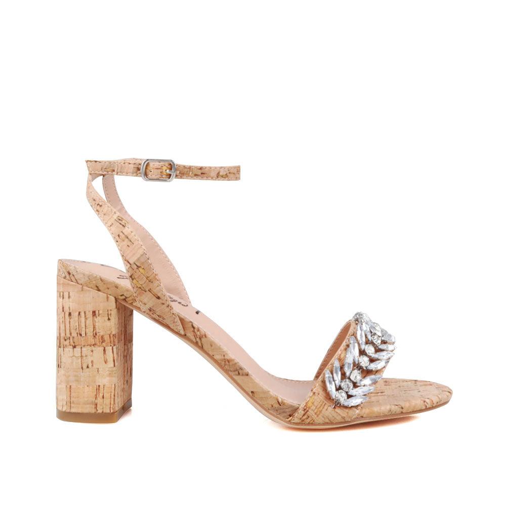 Cork coloured satin vegan leather upper women's block heel-side view