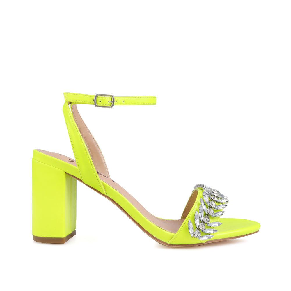 Satin vegan leather upper women's block heel in neon yellow-side view