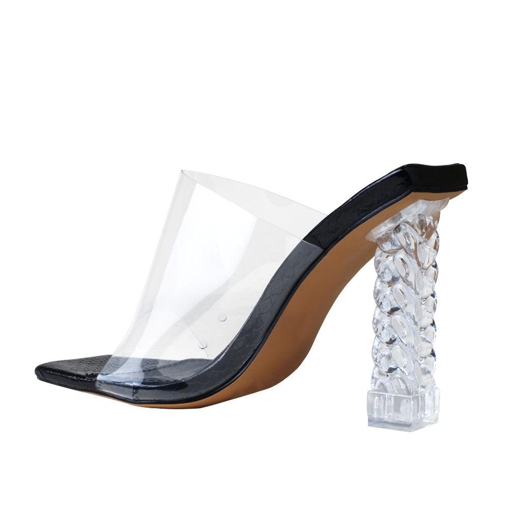 Clear vinyl upper with decorative women's block heel in black-posterior view