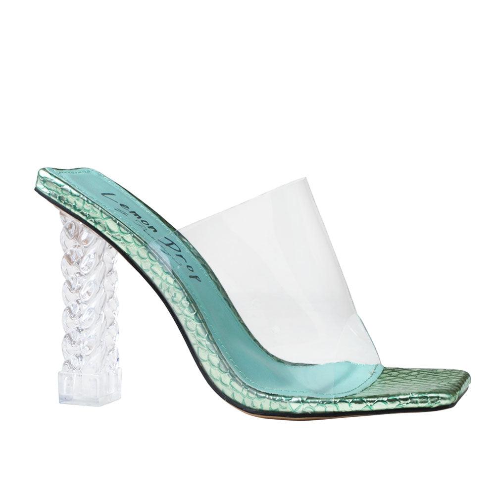 Clear vinyl upper with decorative women's block heel in mint green-corner view