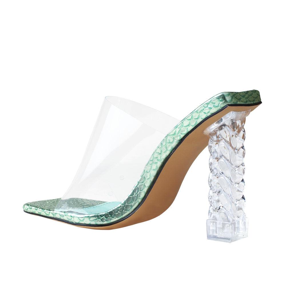 Clear vinyl upper with decorative women's block heel in mint green-posterior view