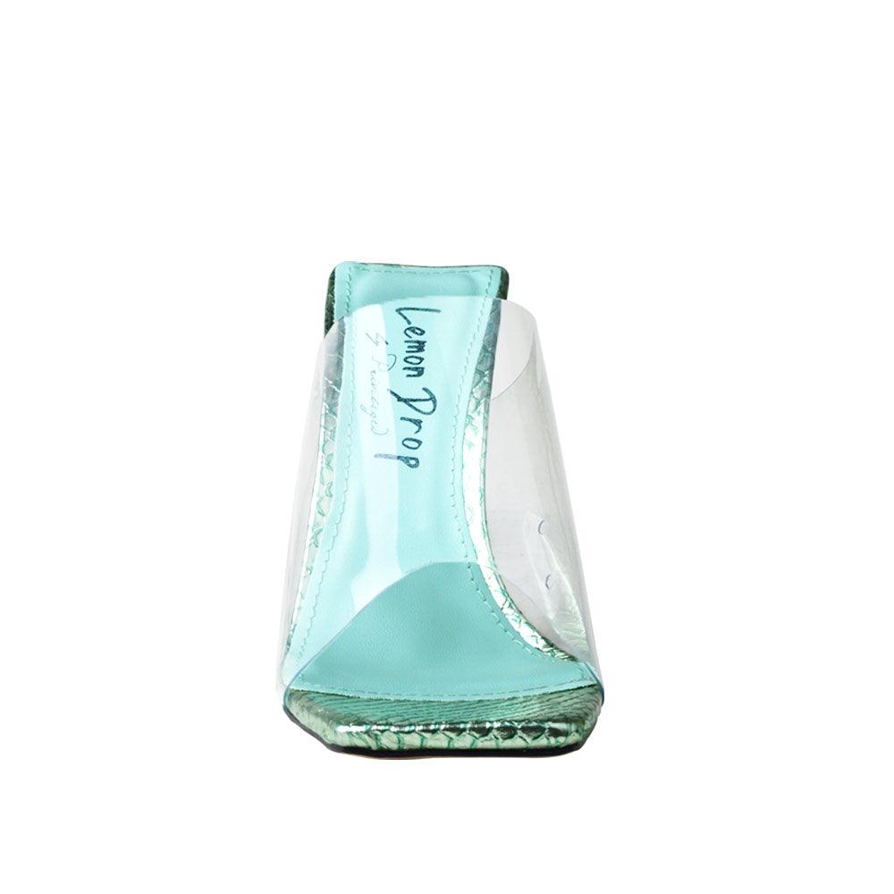 Clear vinyl upper with decorative women's block heel in mint green-front view