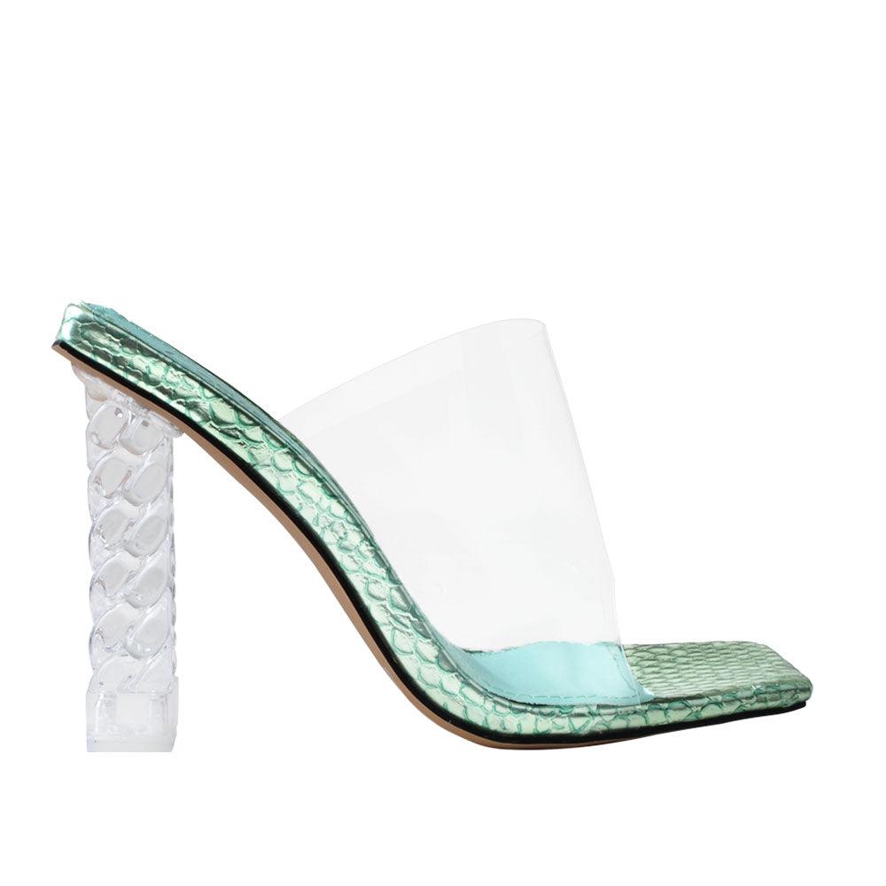 Clear vinyl upper with decorative women's block heel in mint green-side view