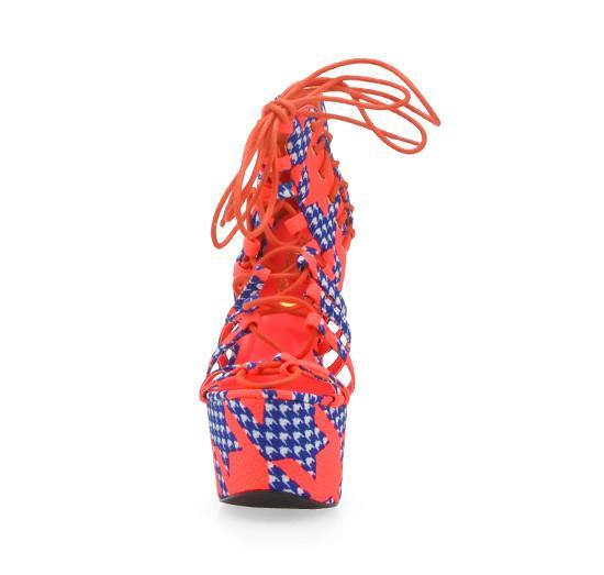 Blue neon coral leatherette corset ankle women's heel-front view