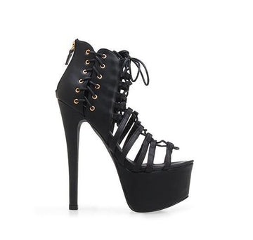 Leatherette corset ankle women's heel in black-side view