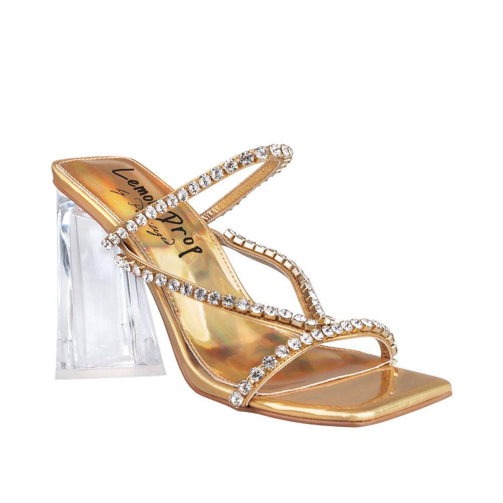 Gold vegan leather upper women's hexagon heel with rhinestones-corner view