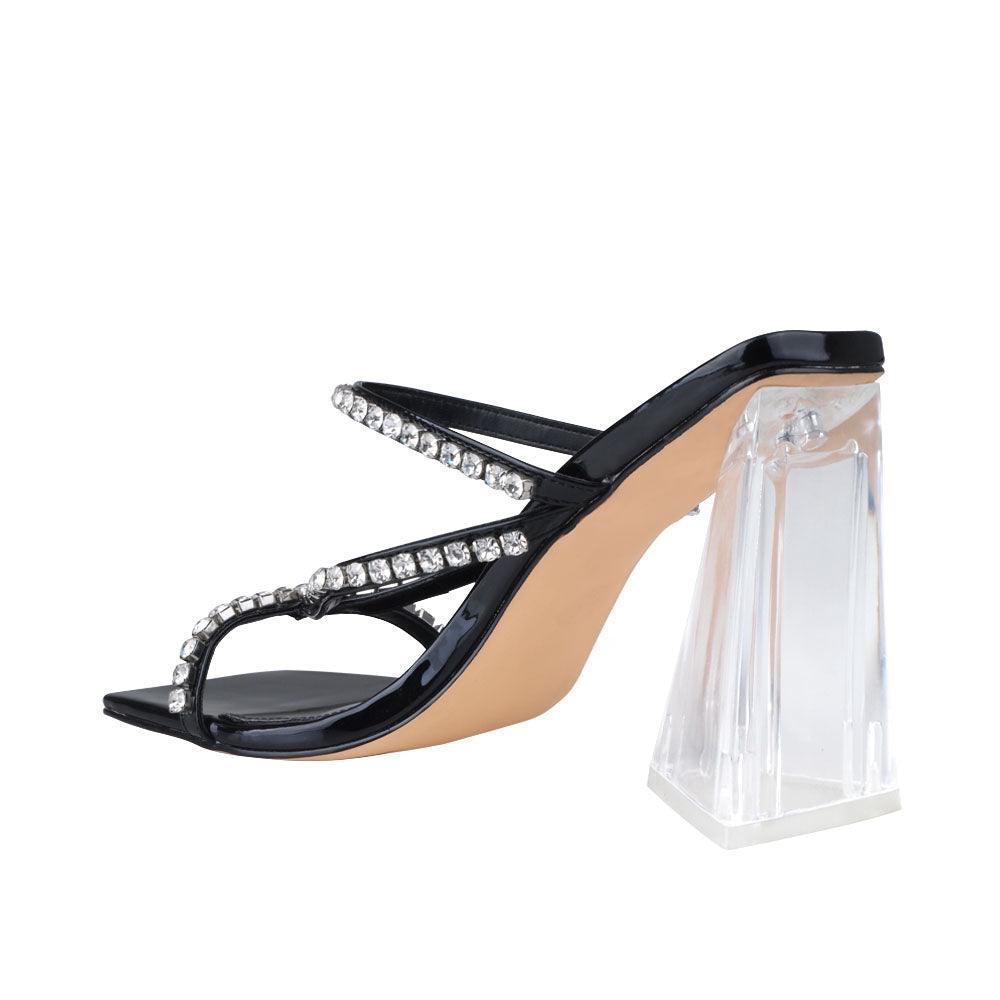 Black vegan leather upper women's hexagon heel with rhinestones-posterior view