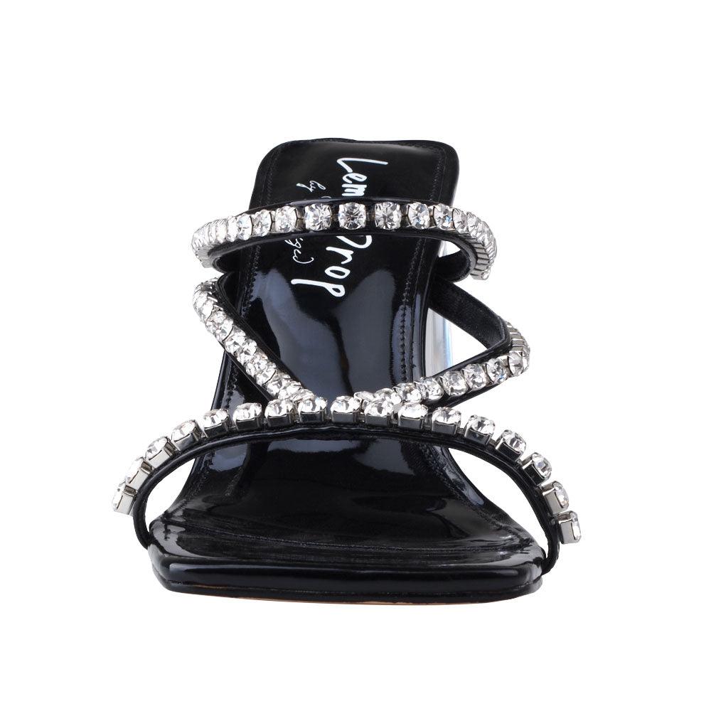 Black vegan leather upper women's hexagon heel with rhinestones-front view