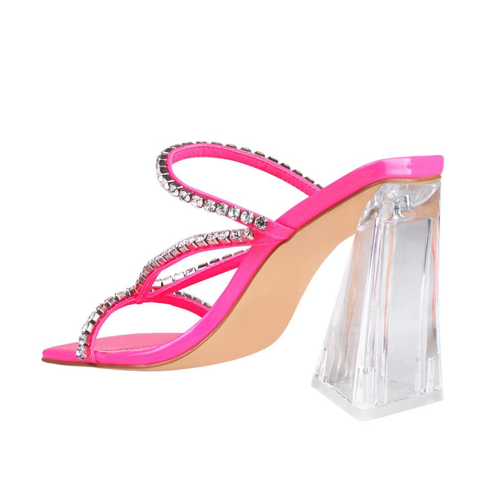 Hot pink vegan leather upper women's hexagon heel with rhinestones-posterior view