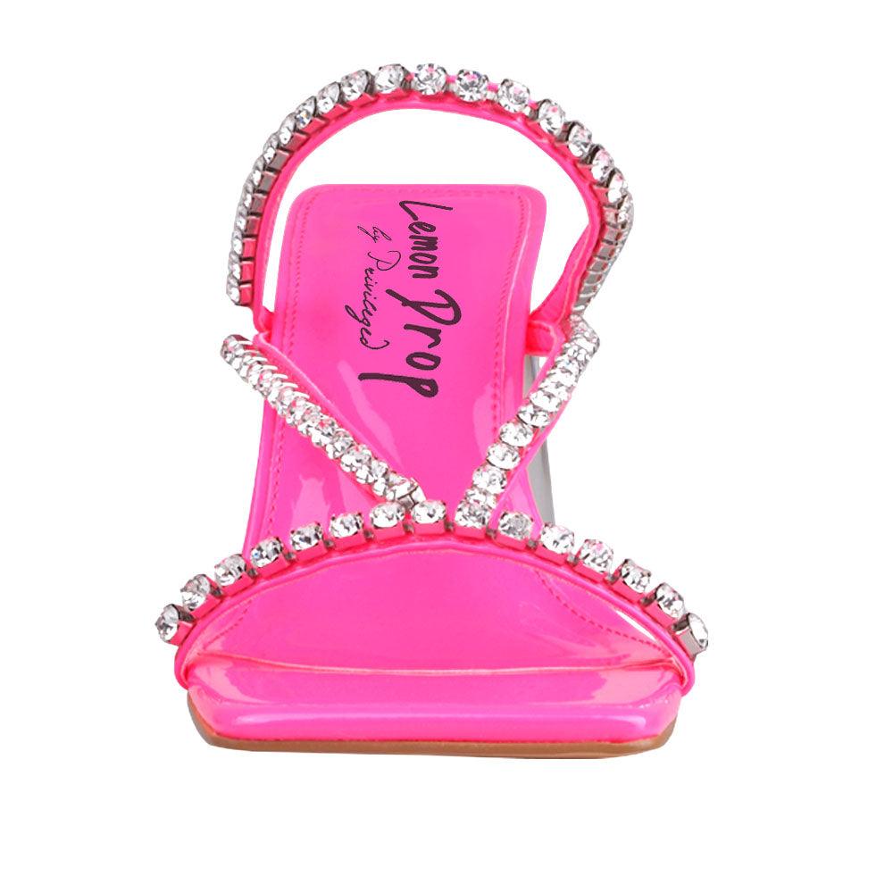 Hot pink vegan leather upper women's hexagon heel with rhinestones-front view