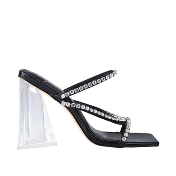 Black vegan leather upper women's hexagon heel with rhinestones-side view