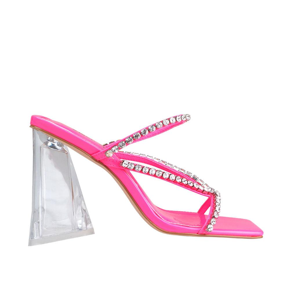 Hot pink vegan leather upper women's hexagon heel with rhinestones-side view