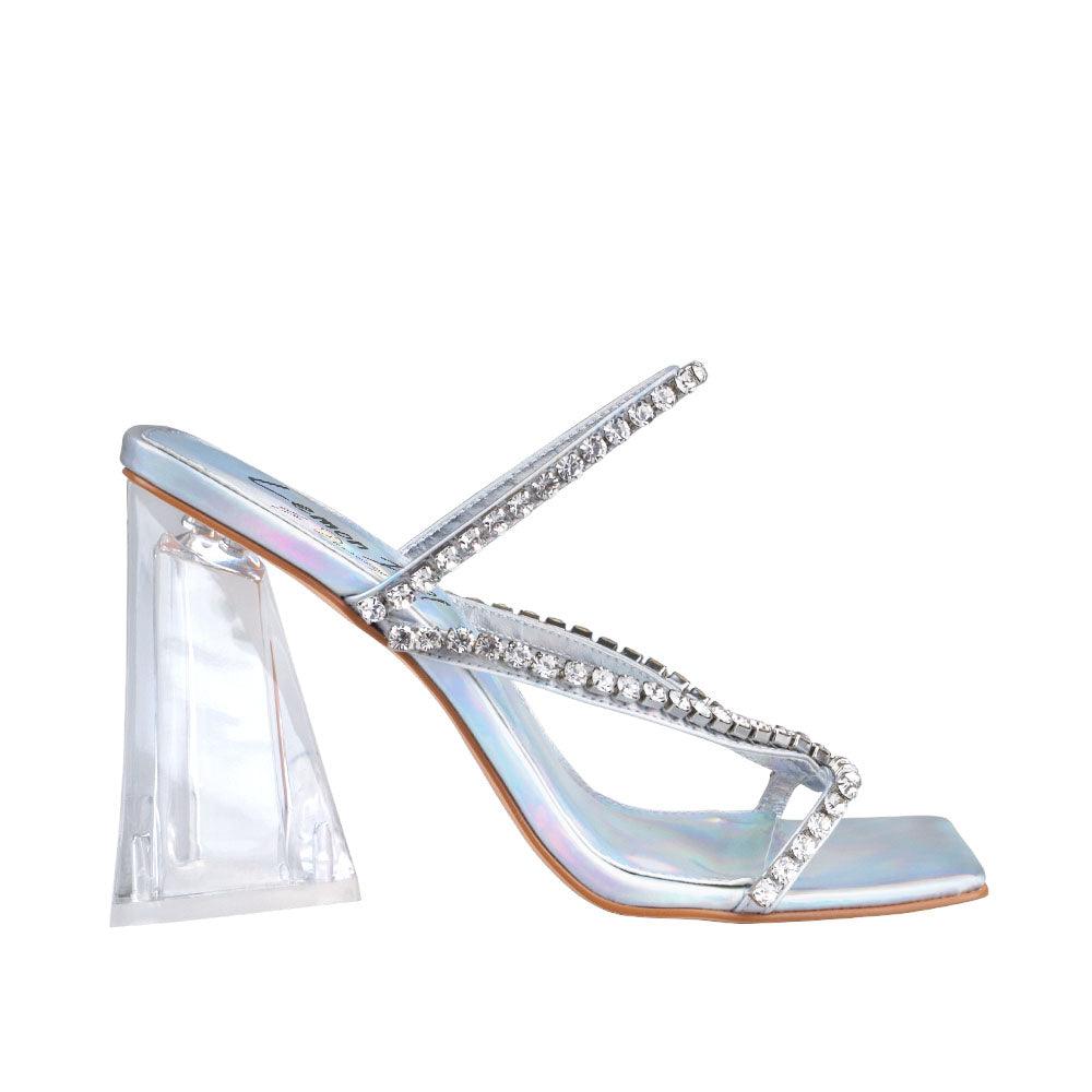 Silver vegan leather upper women's hexagon heel with rhinestones-side view