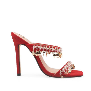 Red vegan patent leather women's heel embellished with gold metallic charms-side view