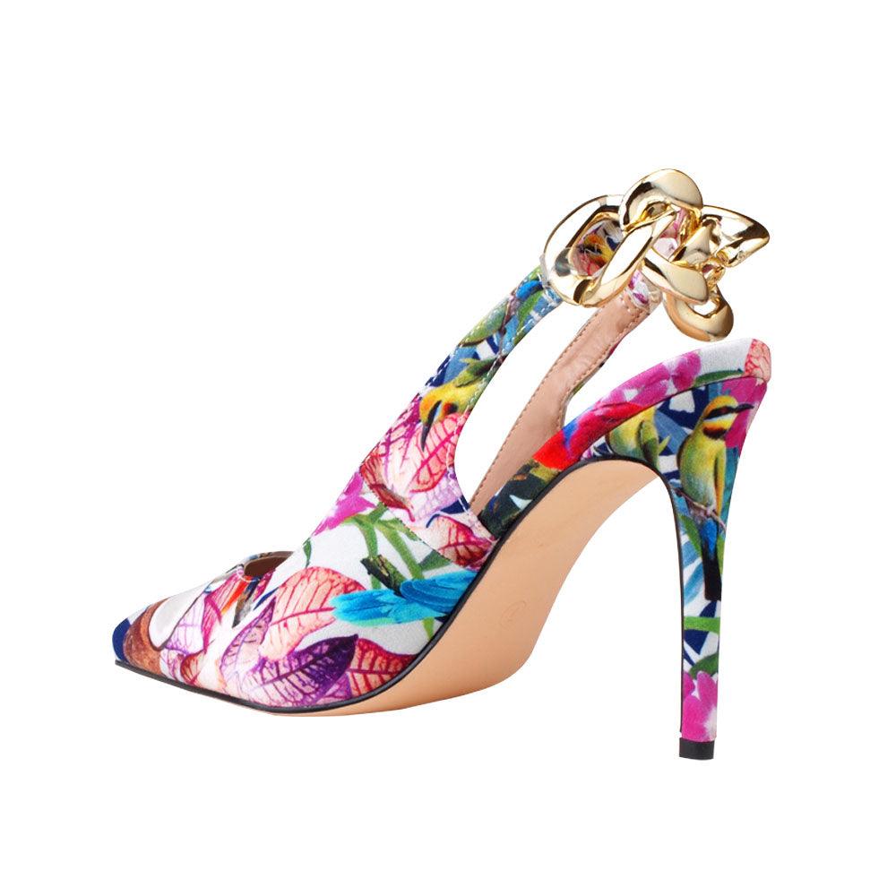 Floral vegan leather women's heel -posterior view