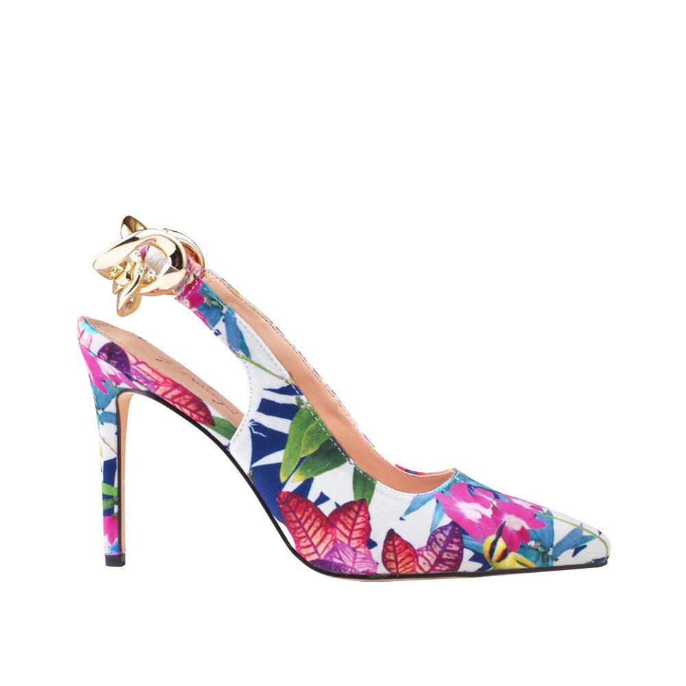 Floral vegan leather women's heel -side view