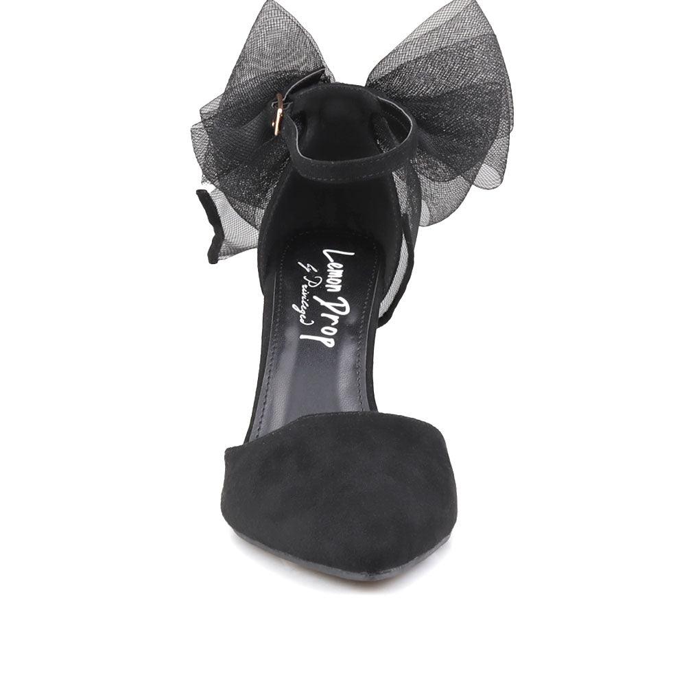 Black coloured women's heel with front and back bow-front view