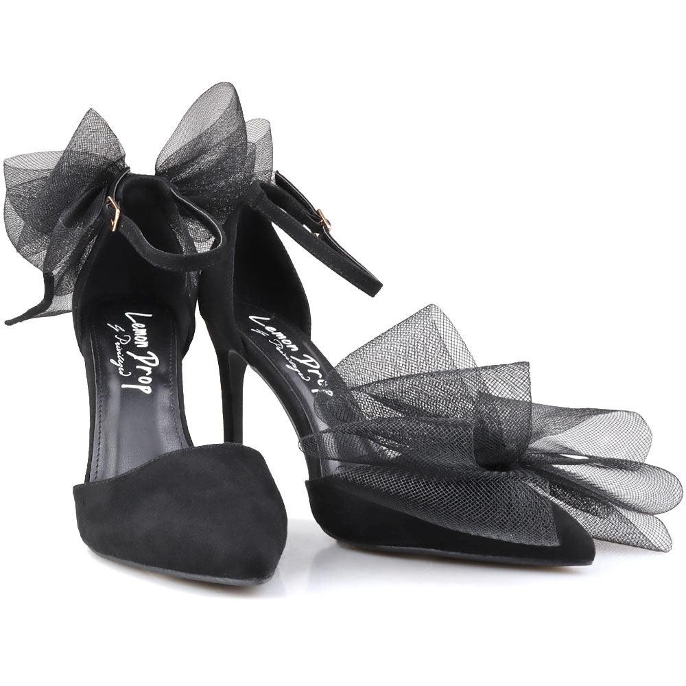 Black coloured women's heel with front and back bow