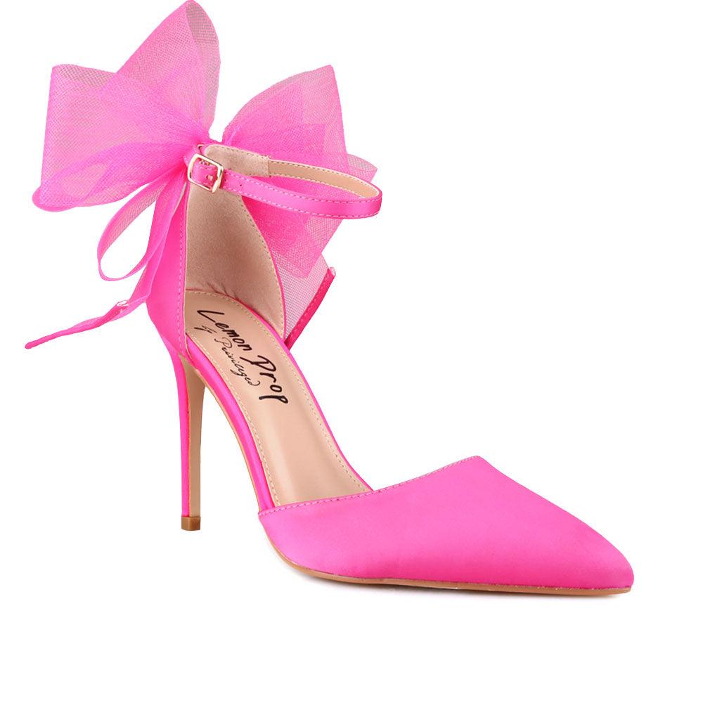 Pink coloured women's heel with front and back bow-corner view