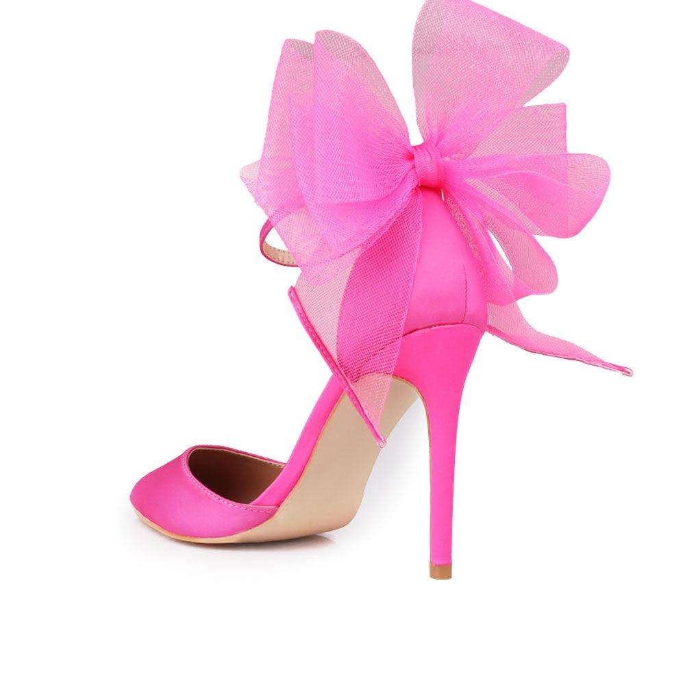 Pink coloured women's heel with front and back bow-posterior view