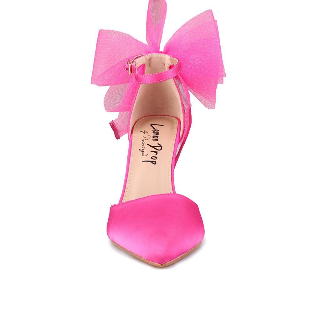 Pink coloured women's heel with front and back bow-front view