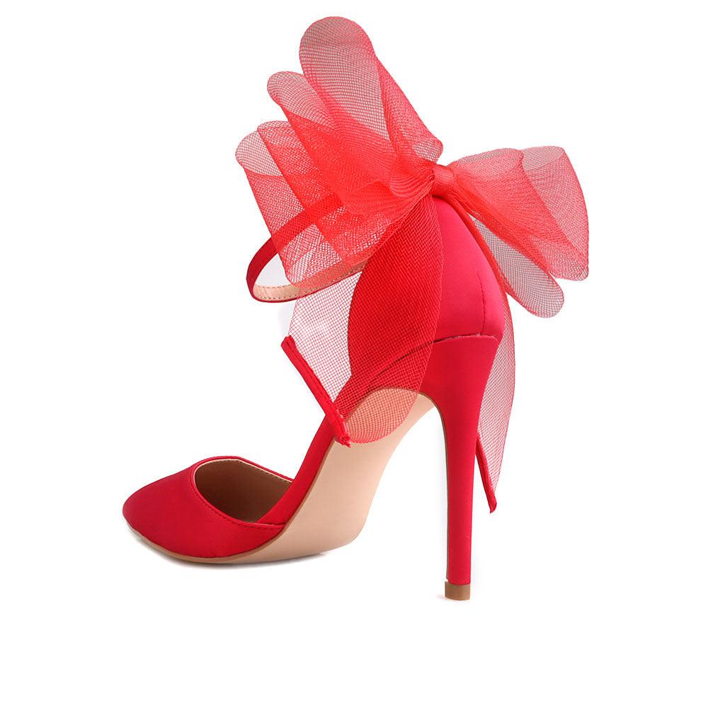 Red coloured women's heel with front and back bow-posterior view