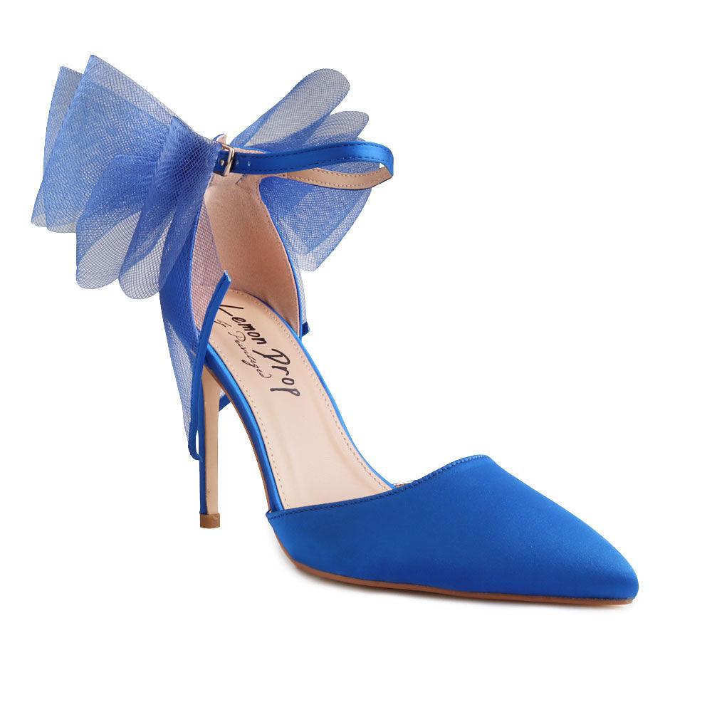 Cobalt coloured women's heel with front and back bow-corner view