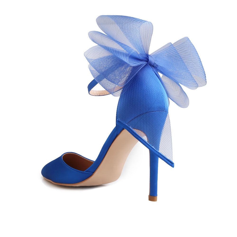 Cobalt coloured women's heel with front and back bow-posterior view