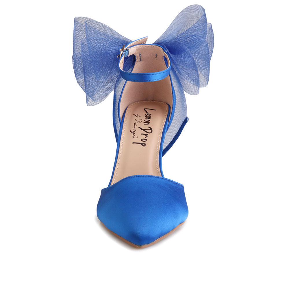 Cobalt coloured women's heel with front and back bow-front view