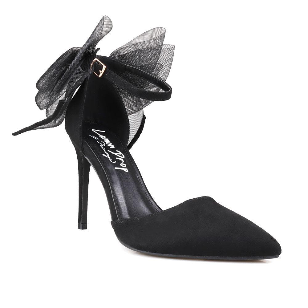 Black coloured women's heel with front and back bow-corner view