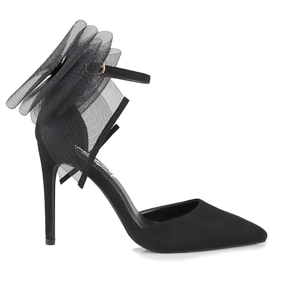 Black coloured women's heel with front and back bow-side view