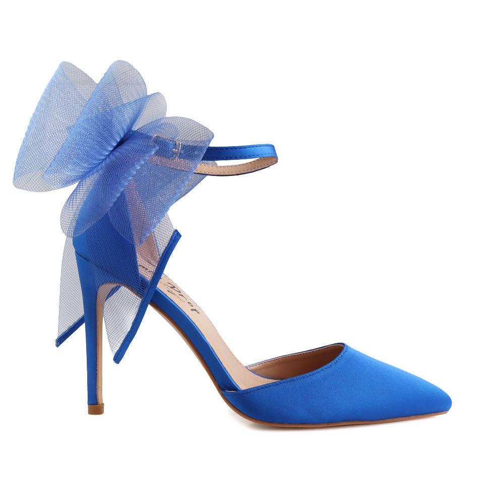 Cobalt coloured women's heel with front and back bow-side view