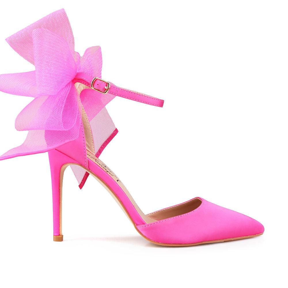 Pink coloured women's heel with front and back bow-side view