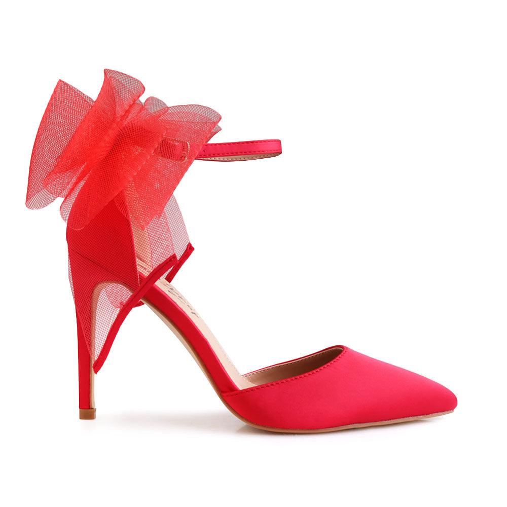 Red coloured women's heel with front and back bow-side view