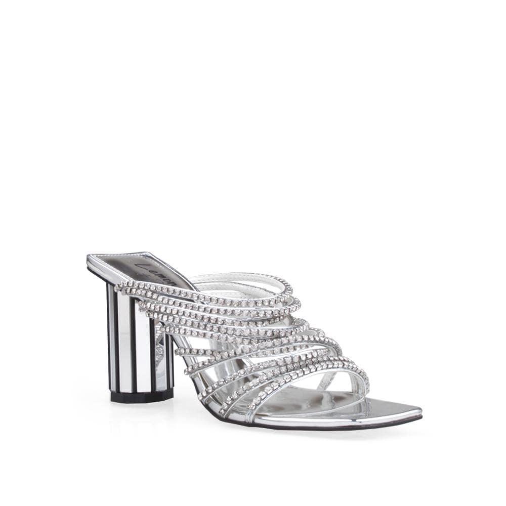 Rhinestone upper square toe women's block heel in silver-corner view