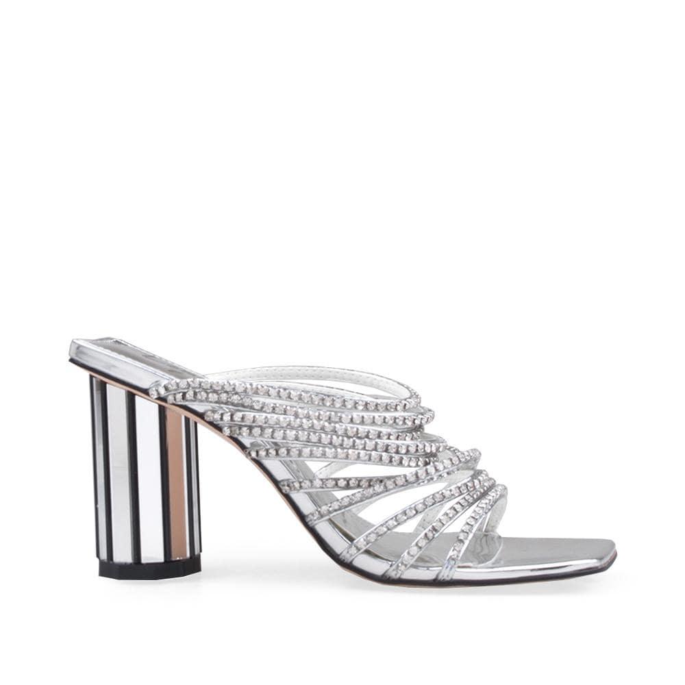 Rhinestone upper square toe women's block heel in silver-side view