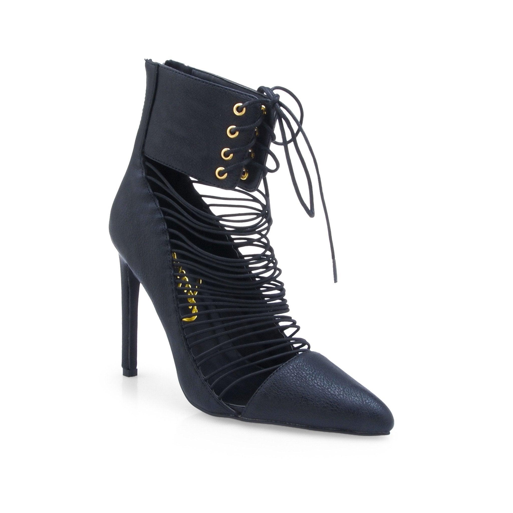 Black leatherette women's heel with laces-corner view