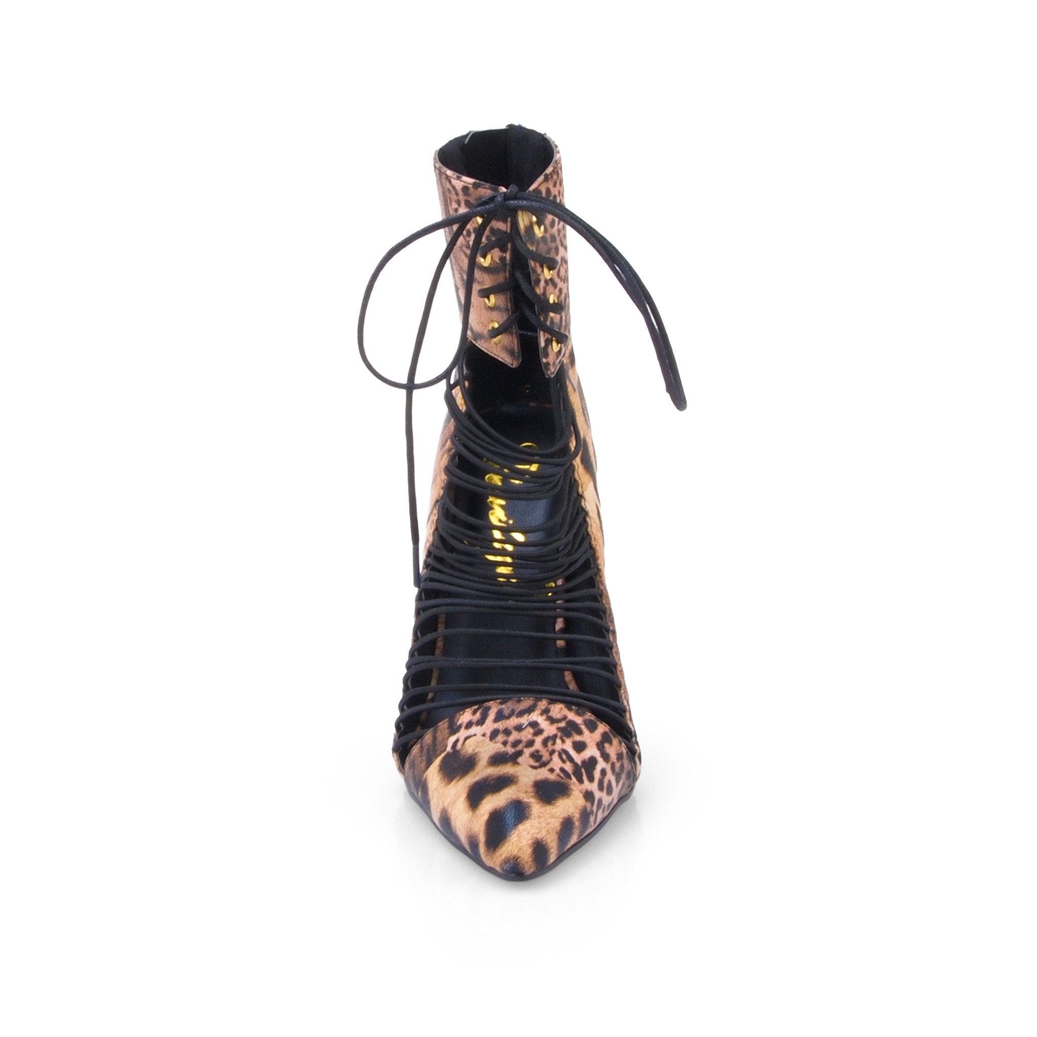 Tan leopard leatherette women's heel with laces-front view