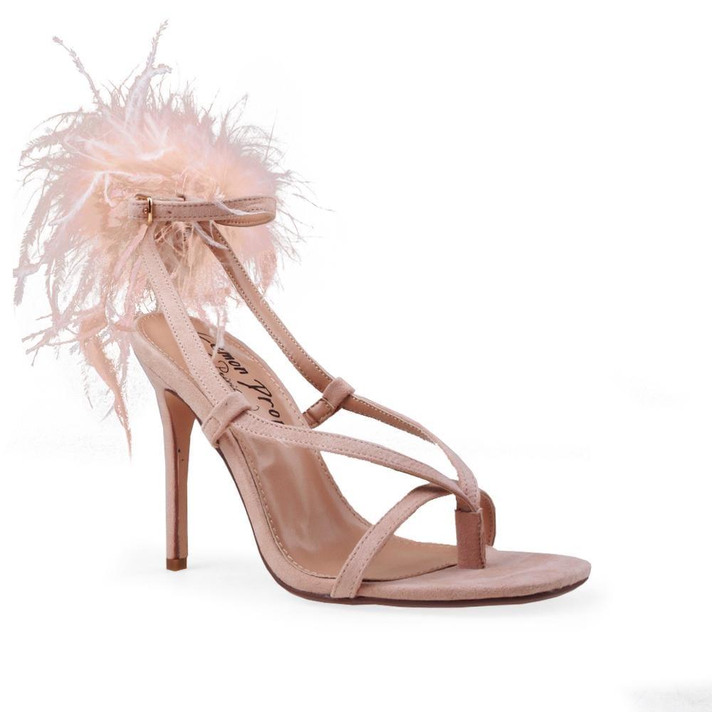 Microfibre women's heel with feather in nude-corner view