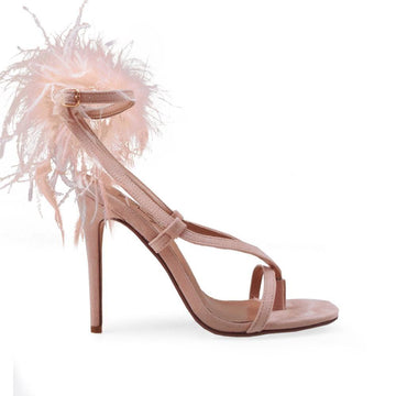Microfibre women's heel with feather in nude-side view